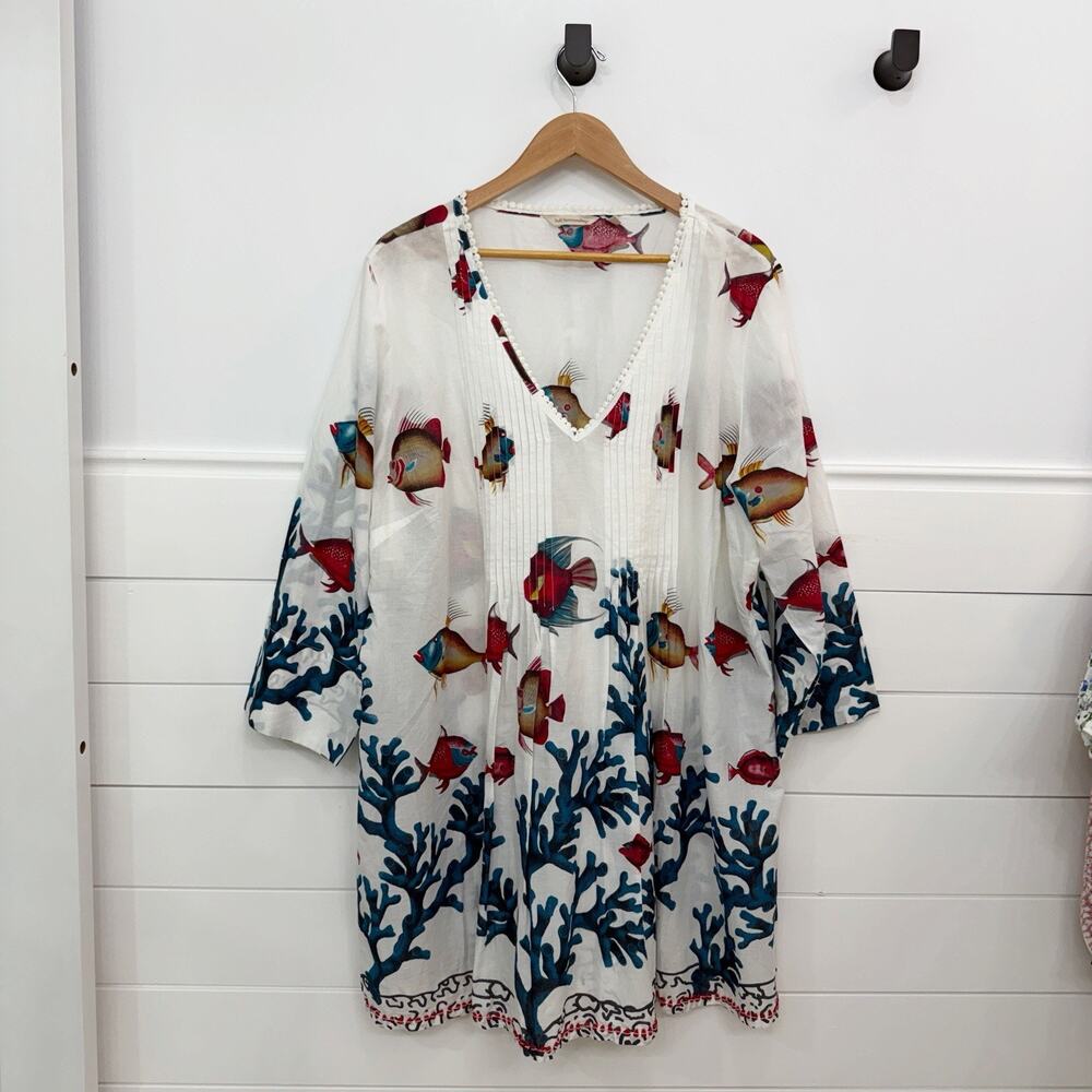 Soft Surroundings Beach Cover Up Blouse Seychelles Tunic Top Fish Coral 3X